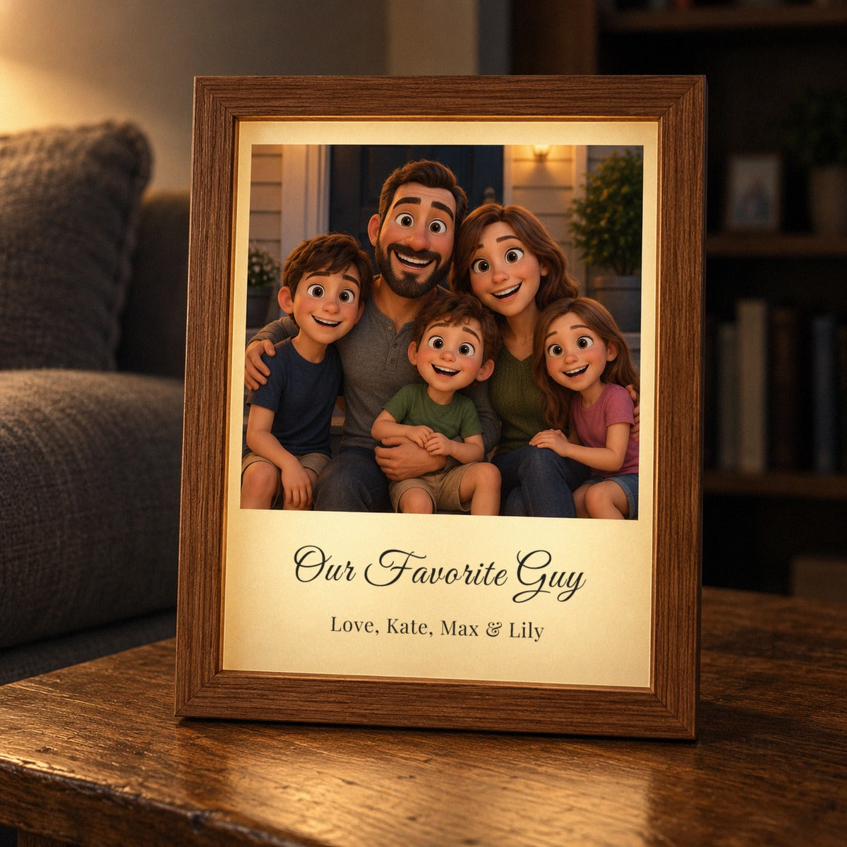 Light-up family cartoon frame for dad on a living room table, a family of five redrawn as a cartoon with Our Favorite Guy and Love, Kate, Max & Lily below