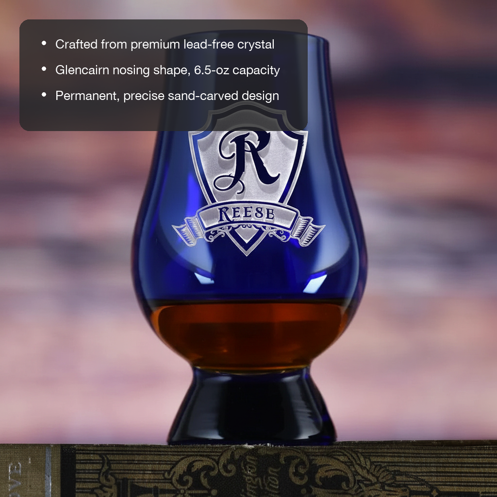 Sapphire Personalized Glencairn Glass features showing premium lead-free crystal, 6.5 oz Glencairn nosing shape, and permanent sand-carved design