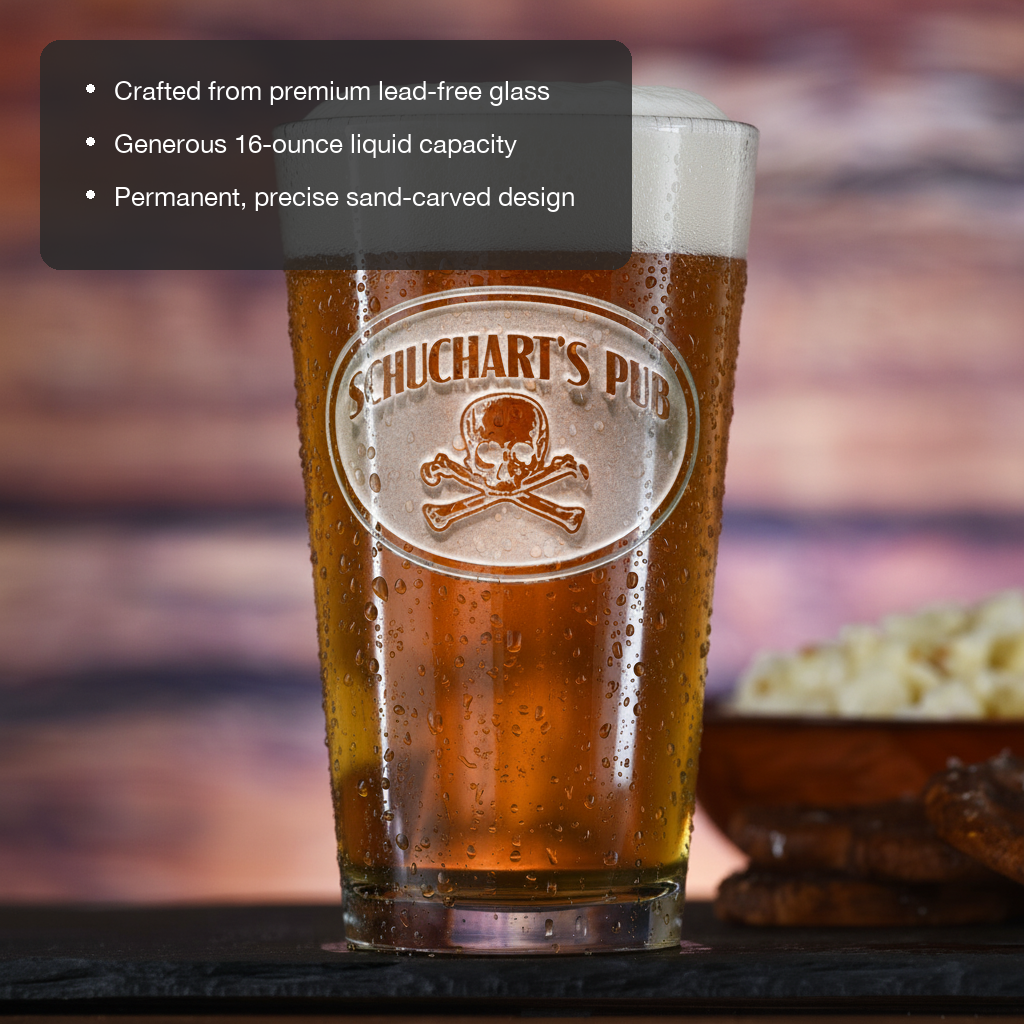 Jolly Roger Personalized Pint Glass features showing premium lead-free glass, 16 oz capacity, and permanent sand-carved design