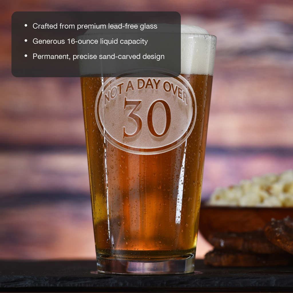Milestone 30 Personalized Pint Glass features showing premium lead-free glass, 16 oz capacity, and permanent sand-carved design