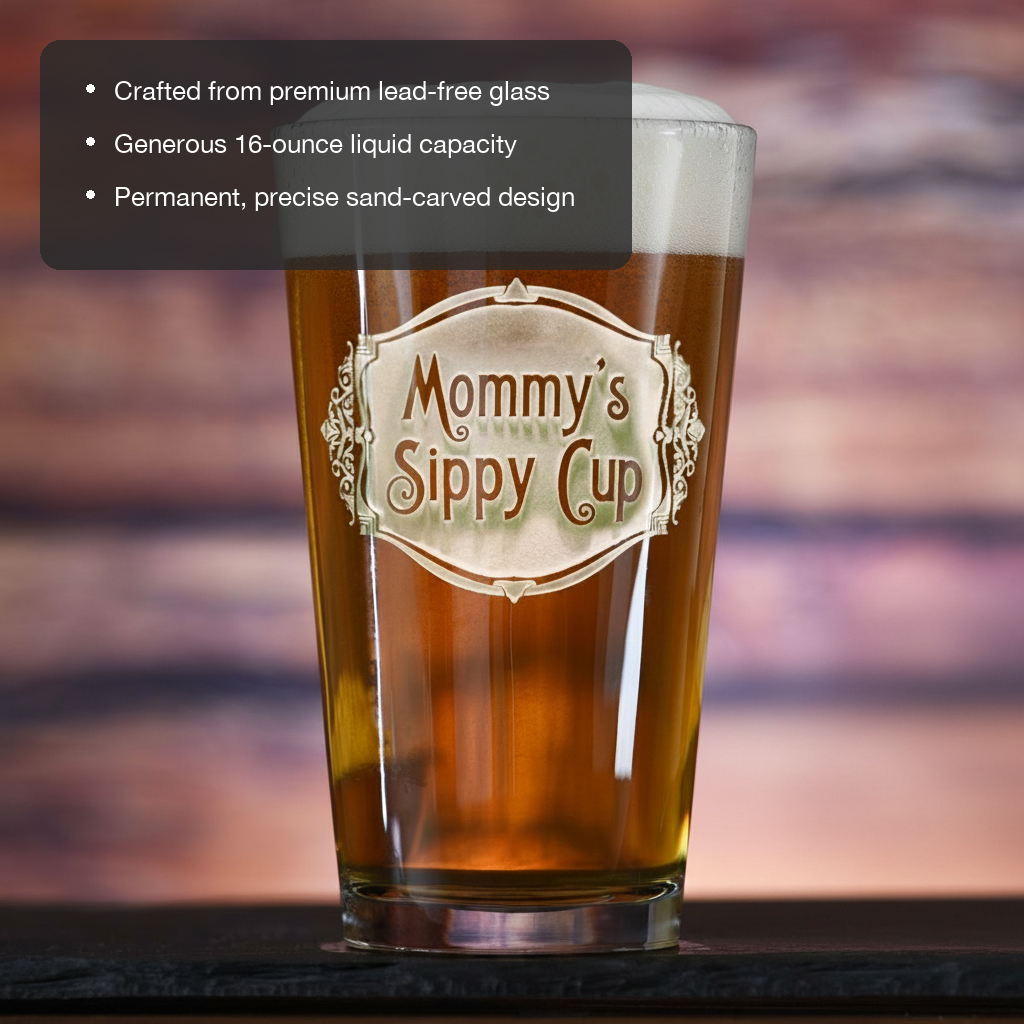 Big Boy Sippy Personalized Pint Glass features showing premium lead-free glass, 16 oz capacity, and permanent sand-carved design