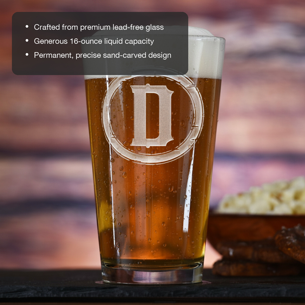 Perfect Circle Personalized Pint Glass features showing premium lead-free glass, 16 oz capacity, and permanent sand-carved design