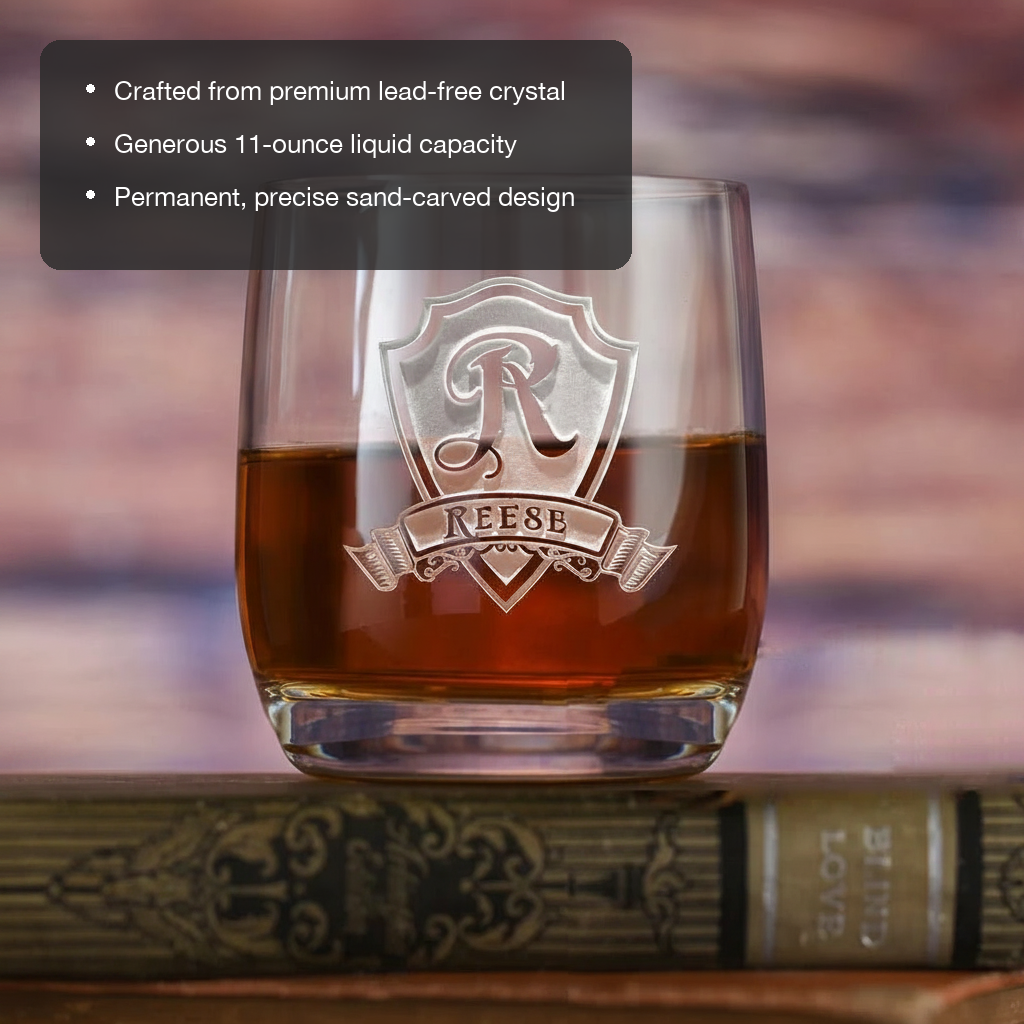 Heritage Shield Personalized Old Fashioned Glass features showing premium lead-free crystal, 11 oz capacity, and permanent sand-carved design