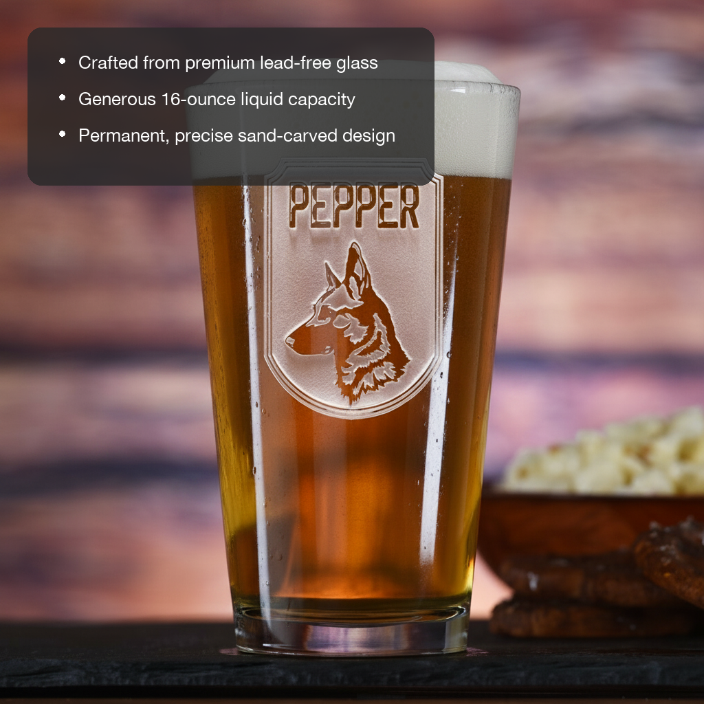 Dog Dad Personalized Pint Glass features showing premium lead-free glass, 16 oz capacity, and permanent sand-carved design