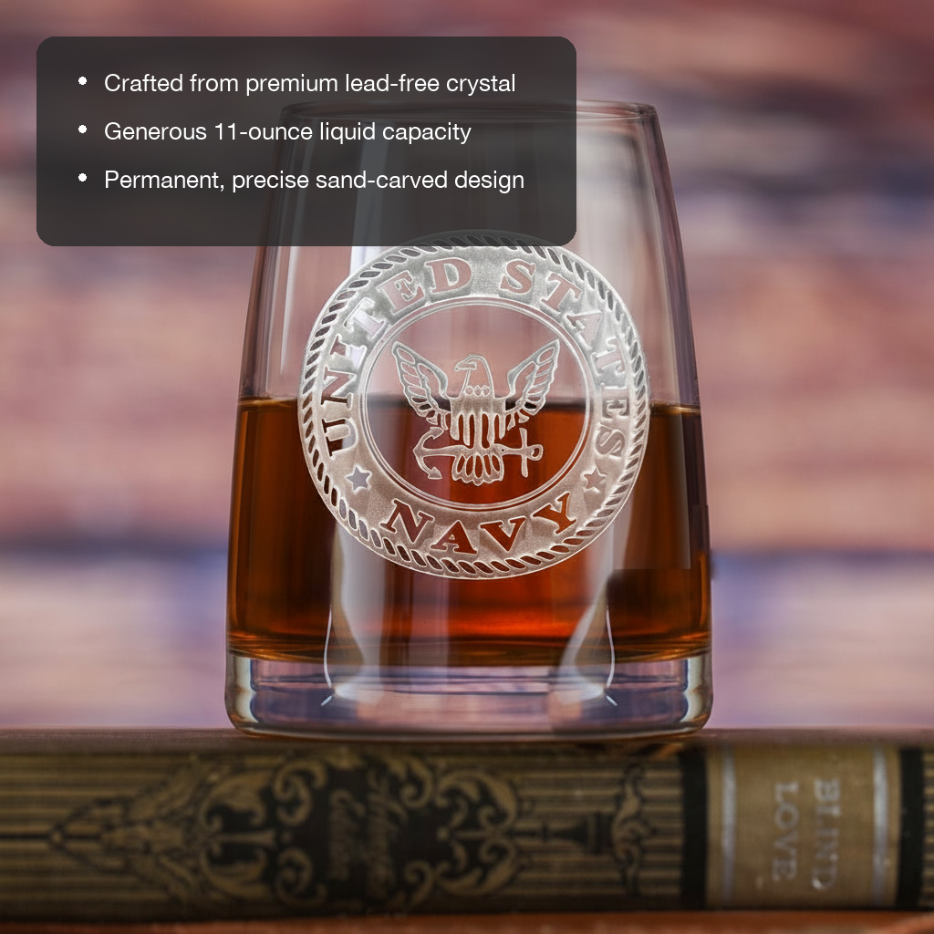 US Navy Seal Whiskey Glass features showing premium lead-free crystal, 11 oz capacity, and permanent sand-carved design
