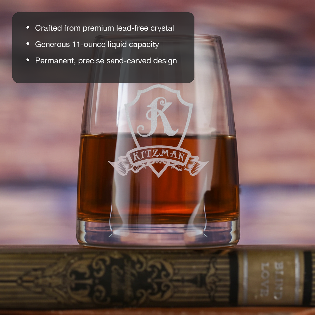 Crystal Shield Personalized Rocks Glass features showing premium lead-free crystal, 11 oz capacity, and permanent sand-carved design