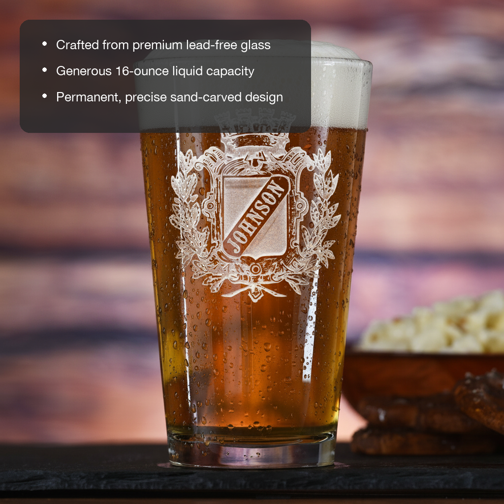 House Crest Personalized Pint Glass features showing premium lead-free glass, 16 oz capacity, and permanent sand-carved design