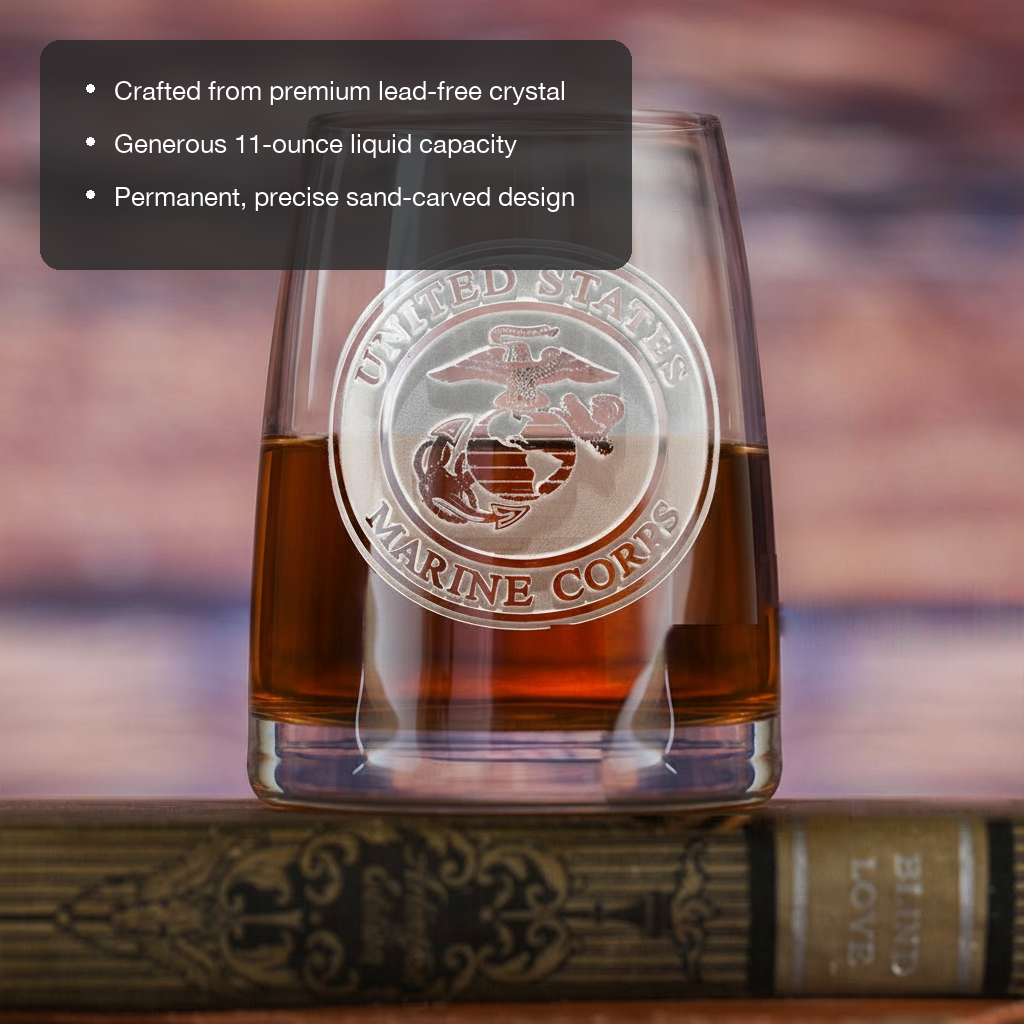 US Marine Corps Whiskey Glass features showing premium lead-free crystal, 11 oz capacity, and permanent sand-carved design