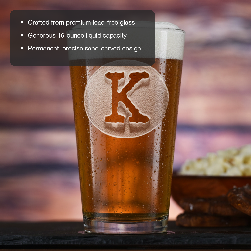 Initial Circle Personalized Pint Glass features showing premium lead-free glass, 16 oz capacity, and permanent sand-carved design