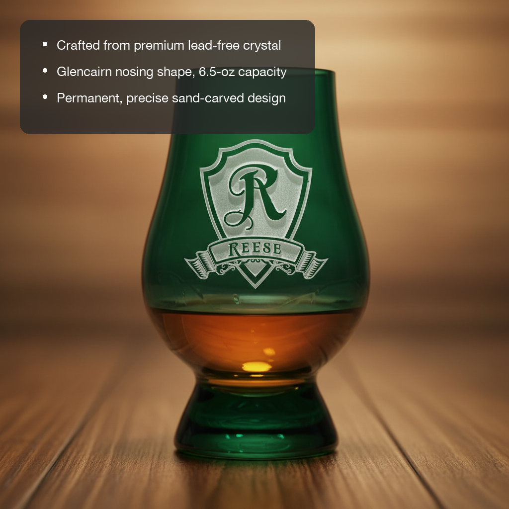 Heritage Crest Personalized Glencairn Glass features showing premium lead-free crystal, 6.5 oz Glencairn nosing shape, and permanent sand-carved design
