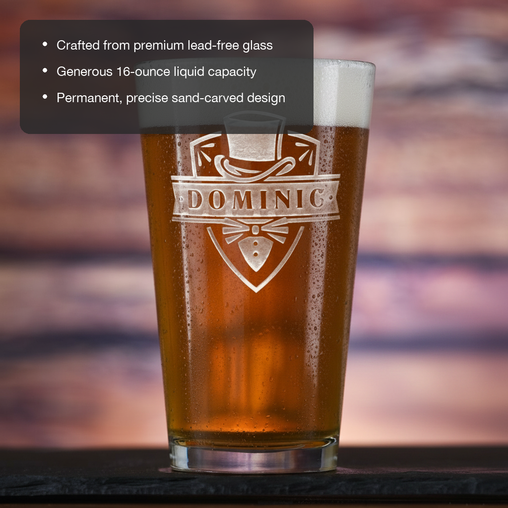 Top Hat Tuxedo Personalized Pint Glass features showing premium lead-free glass, 16 oz capacity, and permanent sand-carved design