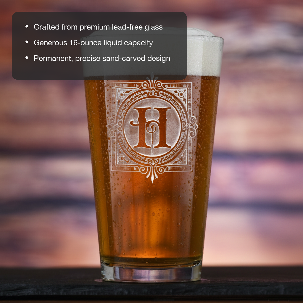 Standard Pub Personalized Monogram Pint Glass features showing premium lead-free glass, 16 oz capacity, and permanent sand-carved design