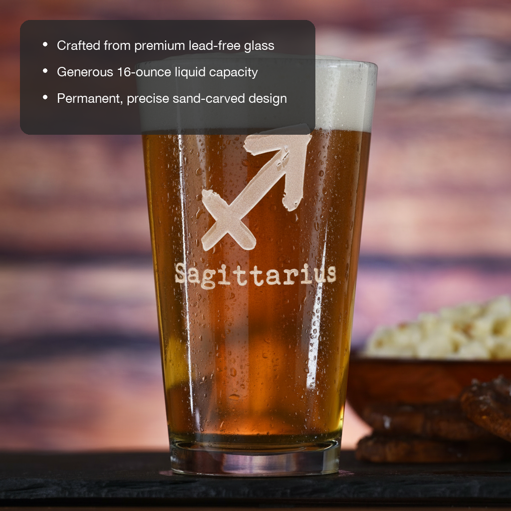 Zodiac Sign Pint Glass features showing premium lead-free glass, 16 oz capacity, and permanent sand-carved design