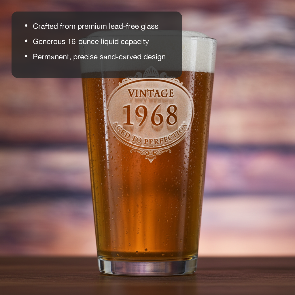 Vintage Birthday Beer Glass features showing premium lead-free glass, 16 oz capacity, and permanent sand-carved design