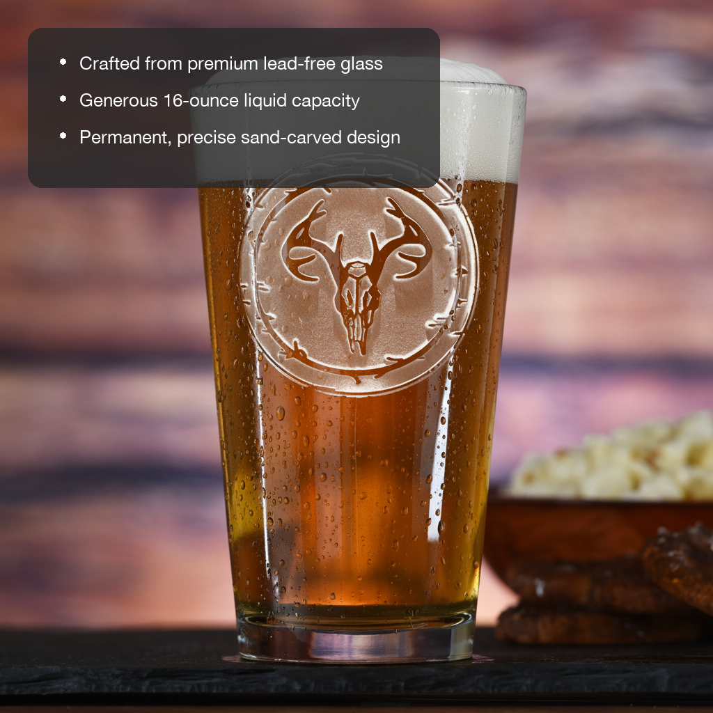 Trophy Buck Personalized Pint Glass features showing premium lead-free glass, 16 oz capacity, and permanent sand-carved design