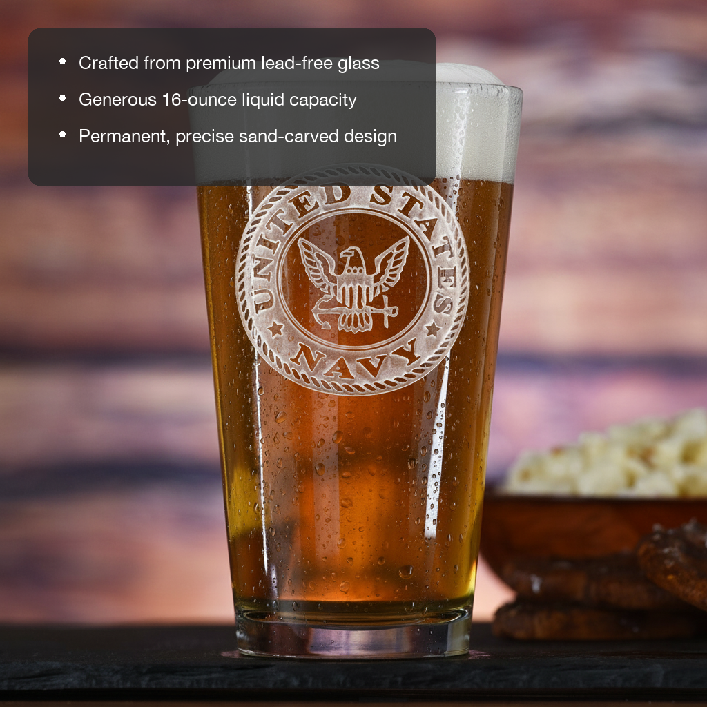 Anchors Aweigh Personalized Pint Glass features showing premium lead-free glass, 16 oz capacity, and permanent sand-carved design