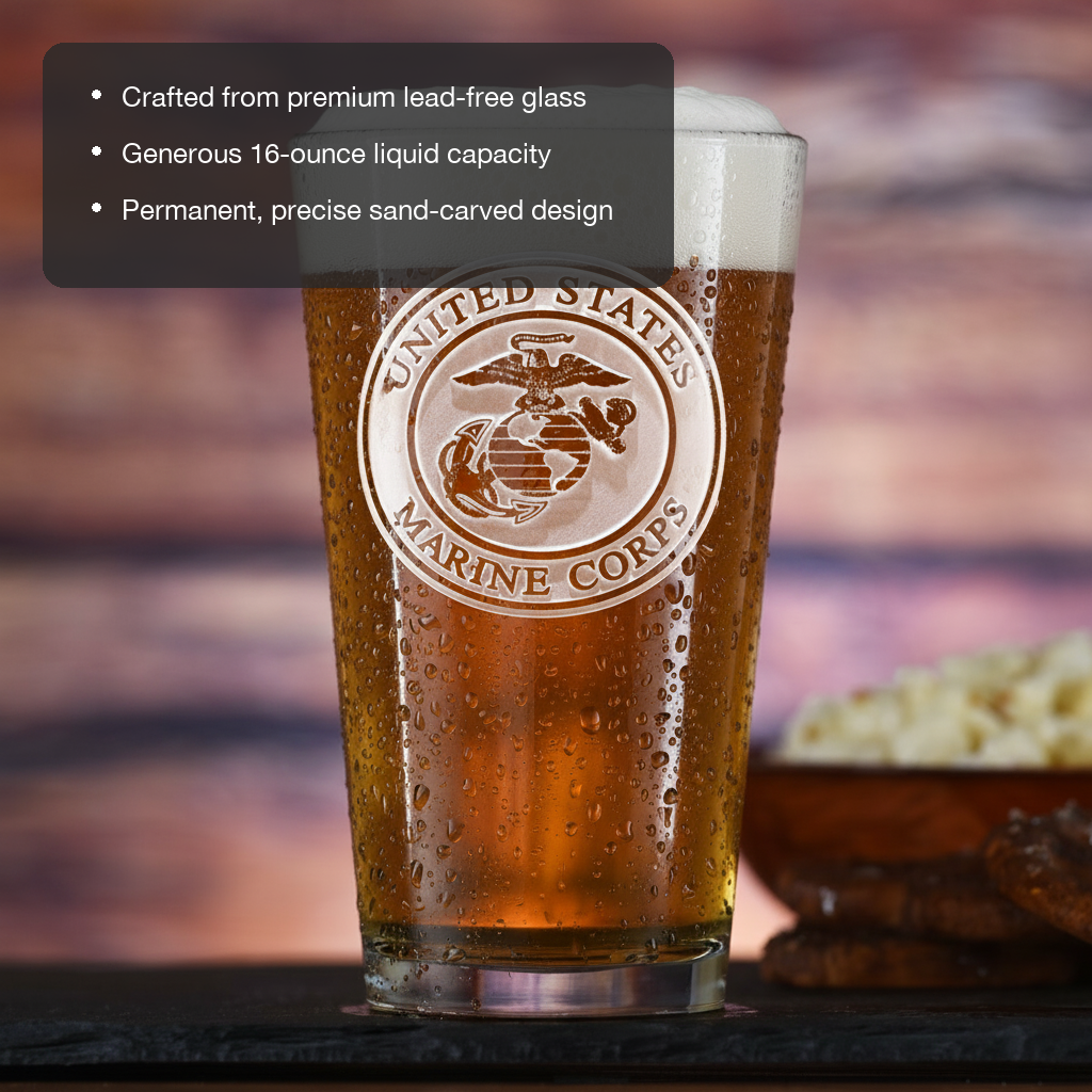 Devil Dog Personalized Pint Glass features showing premium lead-free glass, 16 oz capacity, and permanent sand-carved design