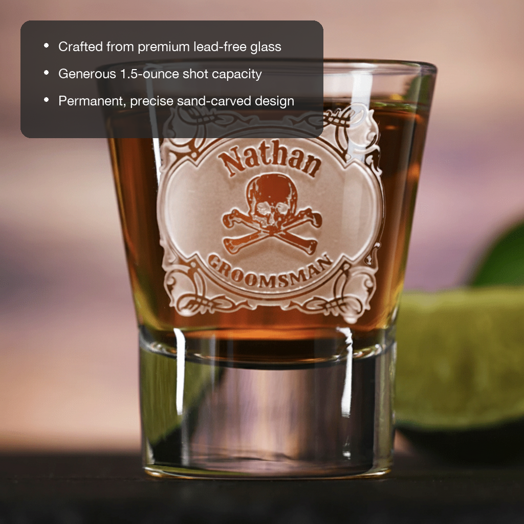 Crossbones Personalized Skull Shot Glass features showing premium lead-free glass, 1.5 oz capacity, and permanent sand-carved design
