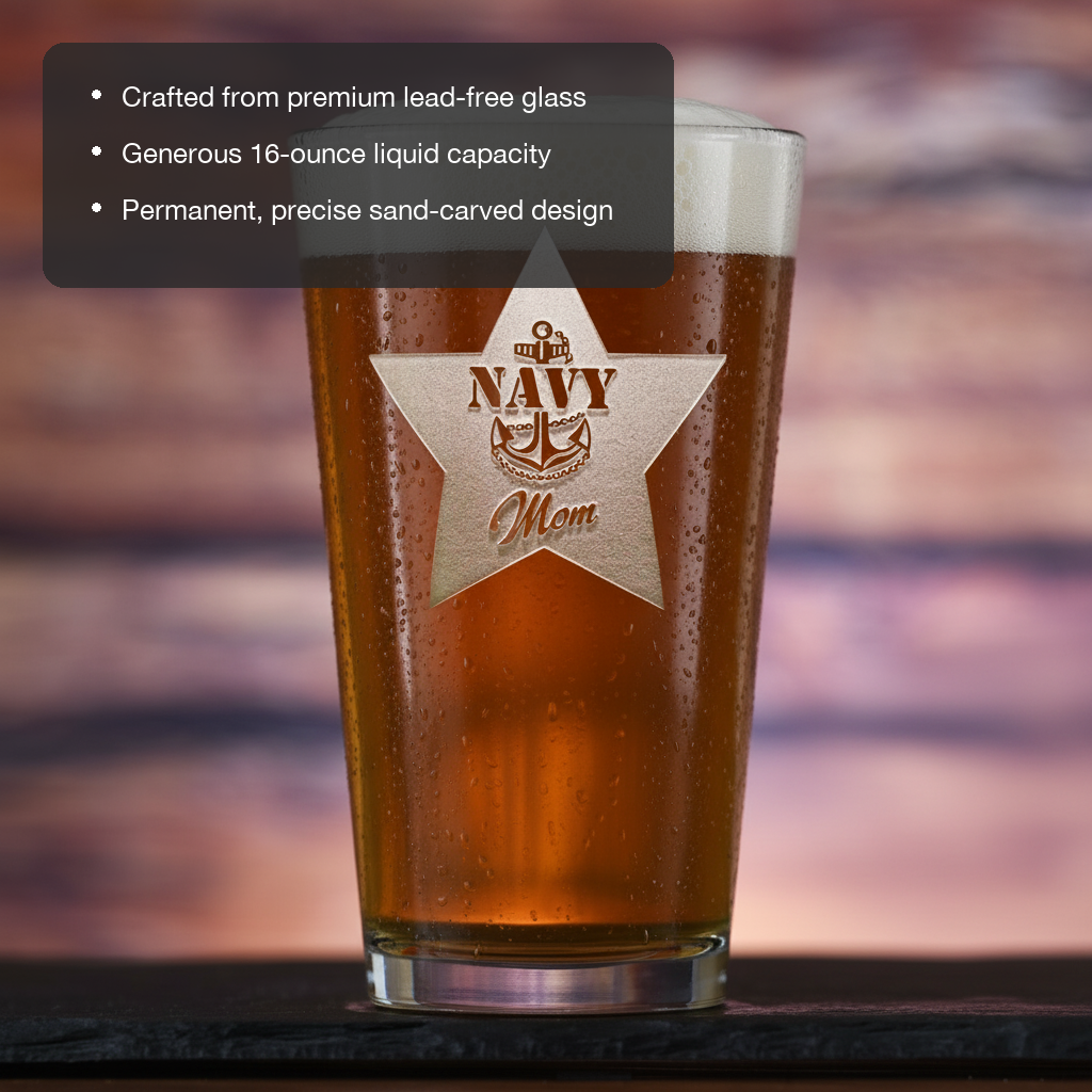 Navy Mom Pint Glass features showing premium lead-free glass, 16 oz capacity, and permanent sand-carved design