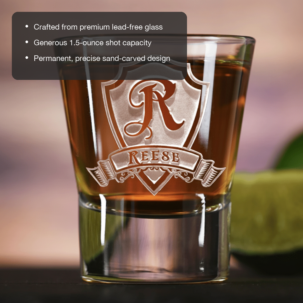 Shield Crest Personalized Shot Glass features showing premium lead-free glass, 1.5 oz capacity, and permanent sand-carved design