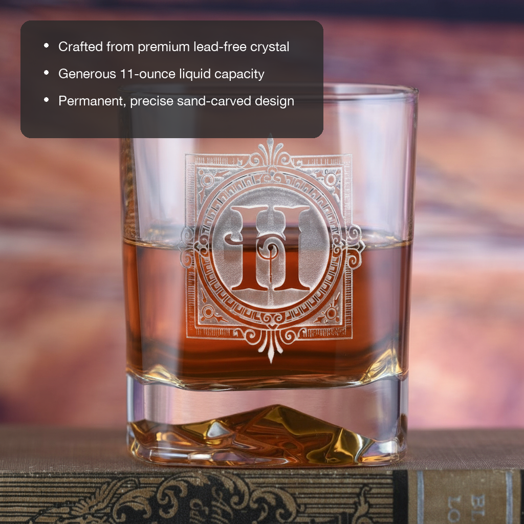 Mountain Sham Personalized Bourbon Glass features showing premium lead-free crystal, 11 oz capacity, and permanent sand-carved design