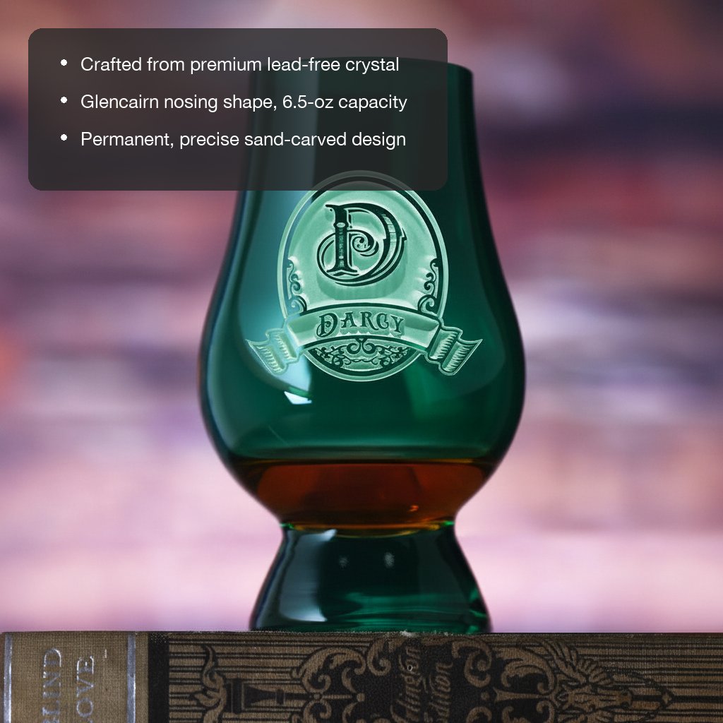 Pine Crest Personalized Glencairn Glass features showing premium lead-free crystal, 6.5 oz Glencairn nosing shape, and permanent sand-carved design