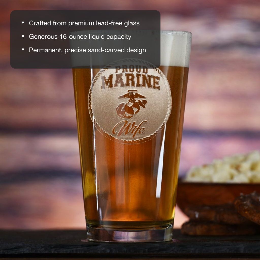 Devil Dog Wife Personalized Pint Glass features showing premium lead-free glass, 16 oz capacity, and permanent sand-carved design