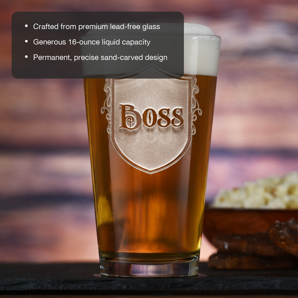 Big Boss Personalized Pint Glass features showing premium lead-free glass, 16 oz capacity, and permanent sand-carved design