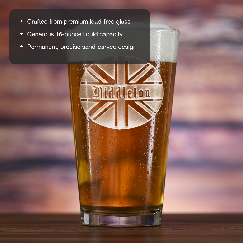 Union Jack Personalized Pint Glass features showing premium lead-free glass, 16 oz capacity, and permanent sand-carved design