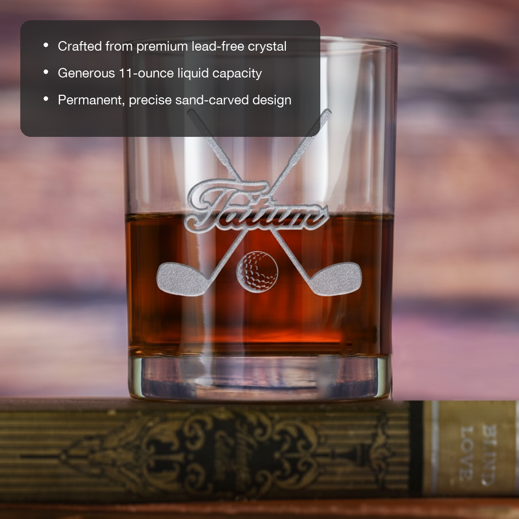 Fairway Golf Personalized Whiskey Glass features showing premium lead-free crystal, 11 oz capacity, and permanent sand-carved design