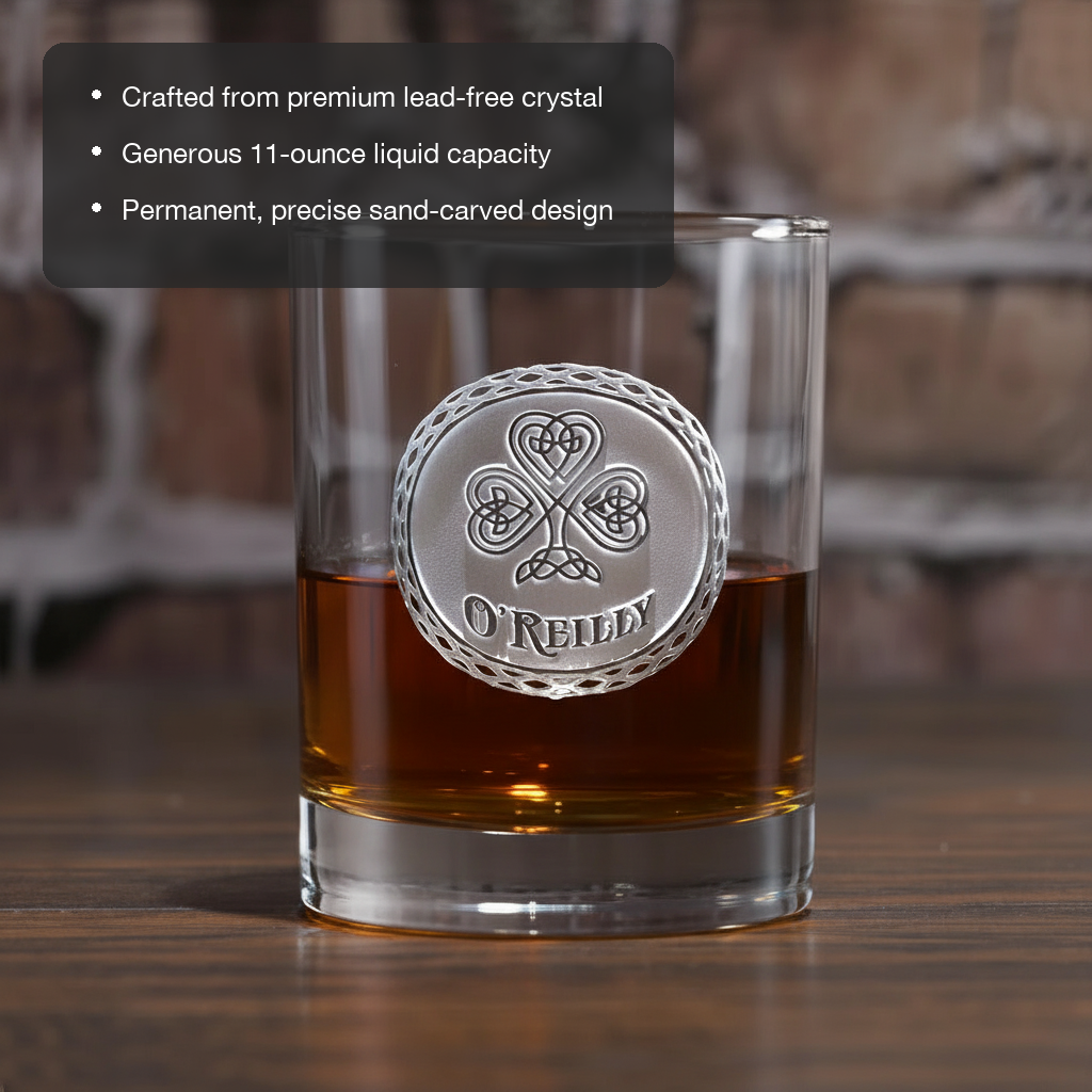 Celtic Shamrock Personalized Whiskey Glass features showing premium lead-free crystal, 11 oz capacity, and permanent sand-carved design