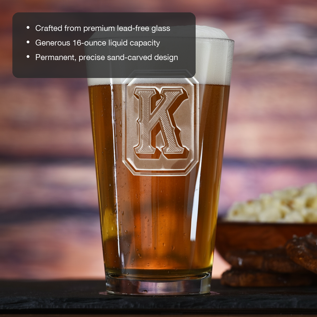 Bold Initial Personalized Pint Glass features showing premium lead-free glass, 16 oz capacity, and permanent sand-carved design