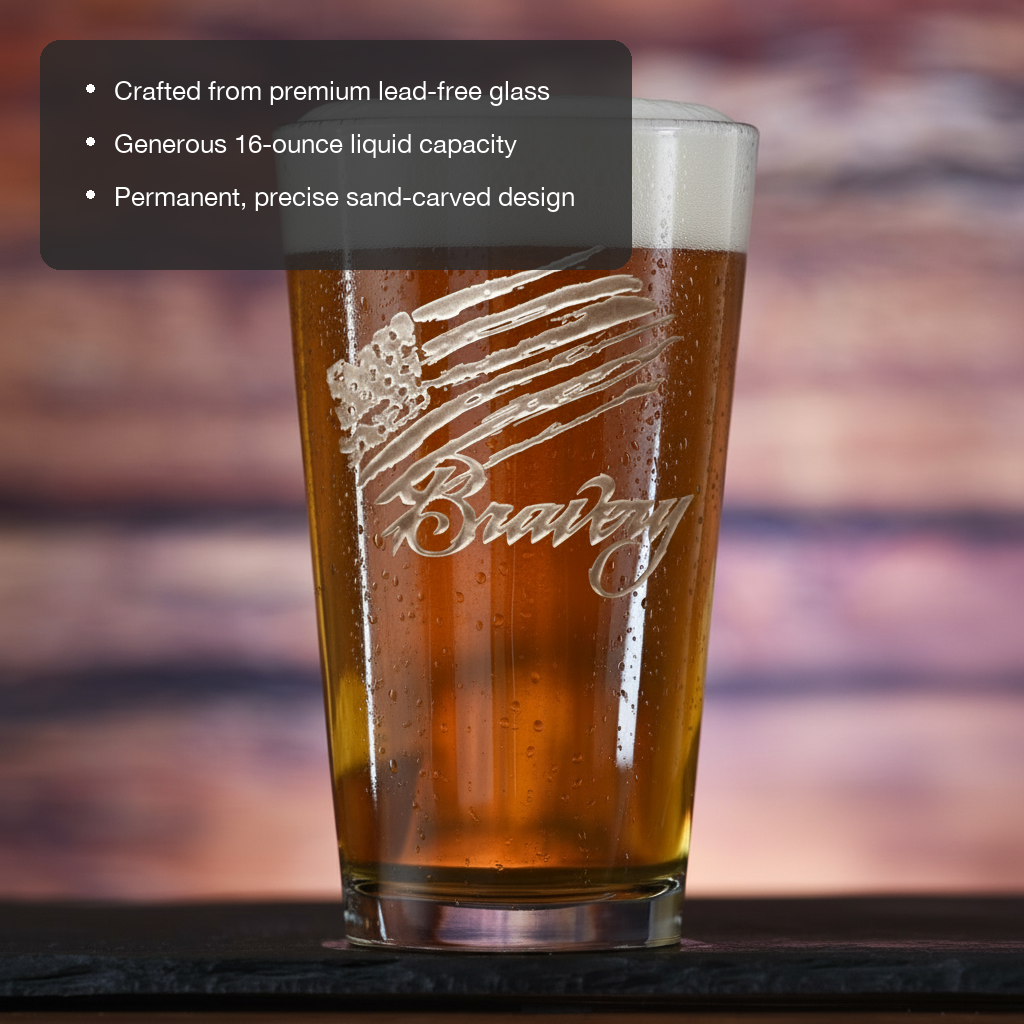 Bravery Flag Pint Glass features showing premium lead-free glass, 16 oz capacity, and permanent sand-carved design