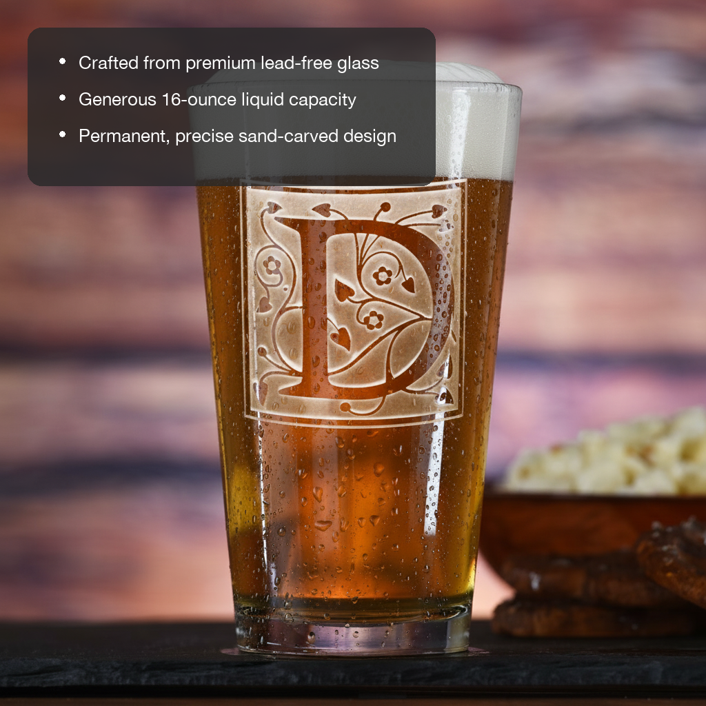 Insignia Personalized Initial Pint Glass features showing premium lead-free glass, 16 oz capacity, and permanent sand-carved design
