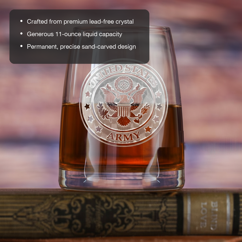 US Army Seal Whiskey Glass features showing premium lead-free crystal, 11 oz capacity, and permanent sand-carved design