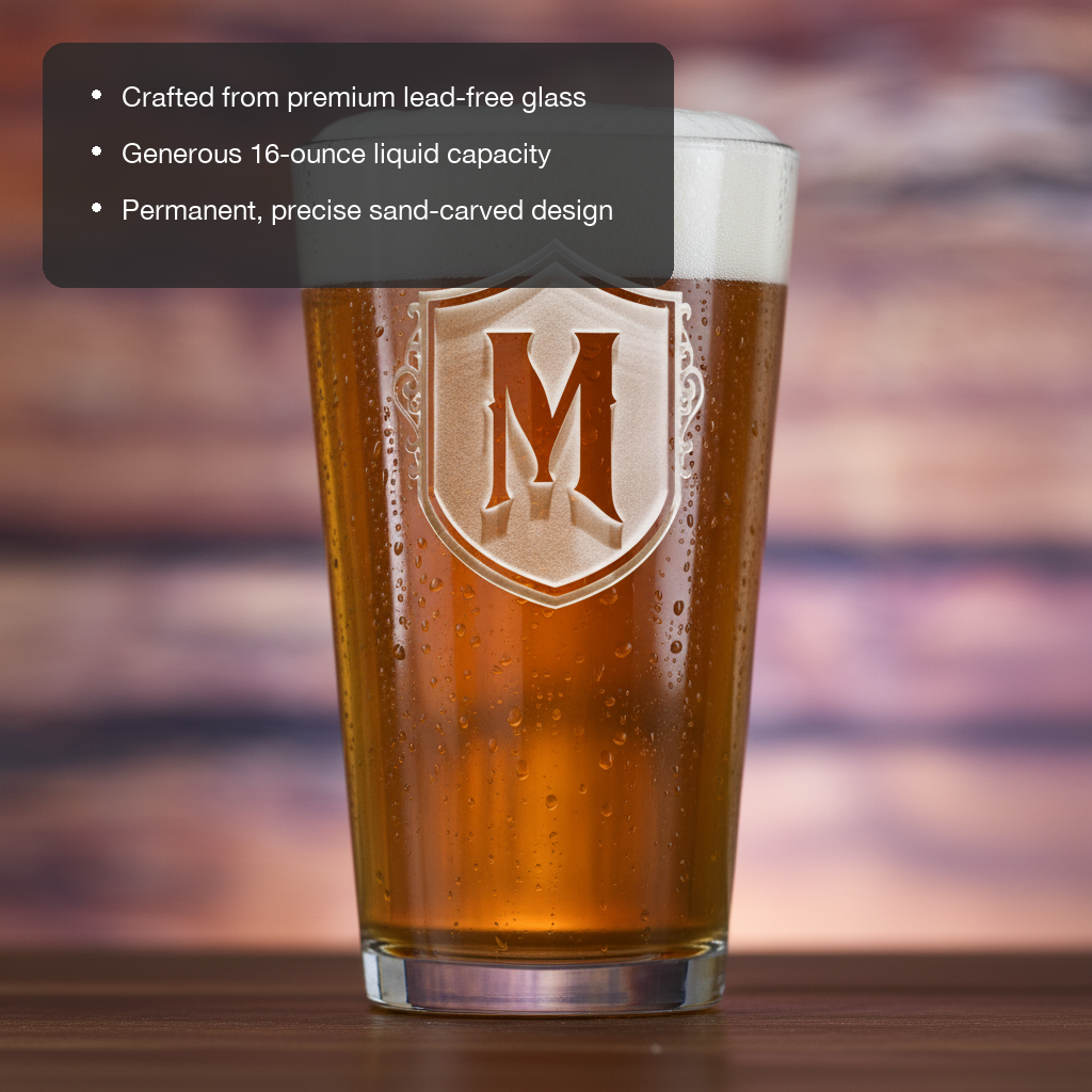Shield Standard Personalized Pint Glass features showing premium lead-free glass, 16 oz capacity, and permanent sand-carved design