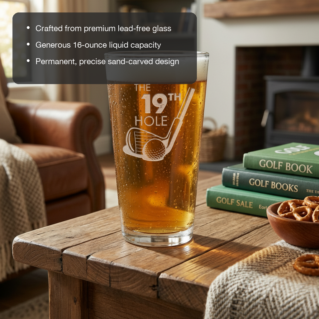 Tee Box Personalized Golf Pint Glass features showing premium lead-free glass, 16 oz capacity, and permanent sand-carved design