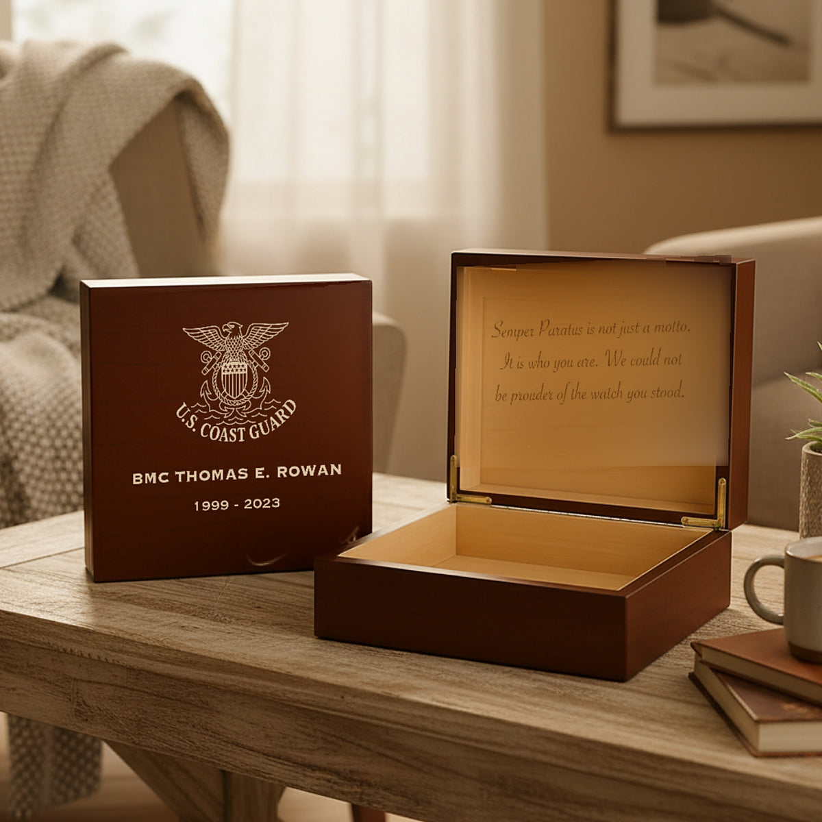 Personalized Coast Guard keepsake box engraved with the service crest, rank and name, shown beside the open box and its engraved lid.