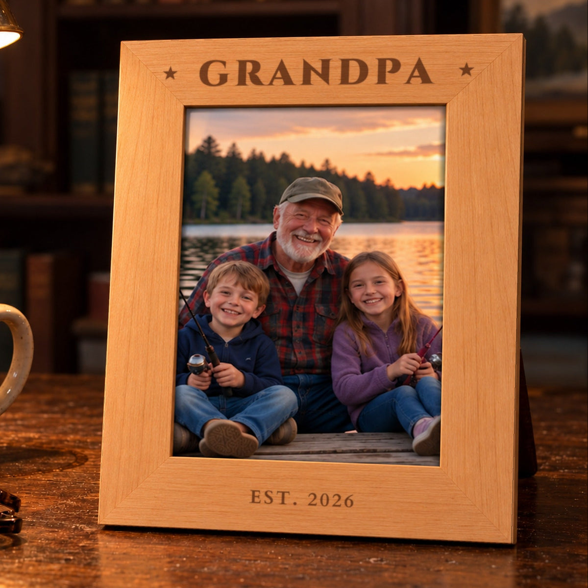 Grandpa personalized picture frame in red alder engraved GRANDPA with stars and EST. 2026, holding a fishing photo of grandpa and grandkids on a den table