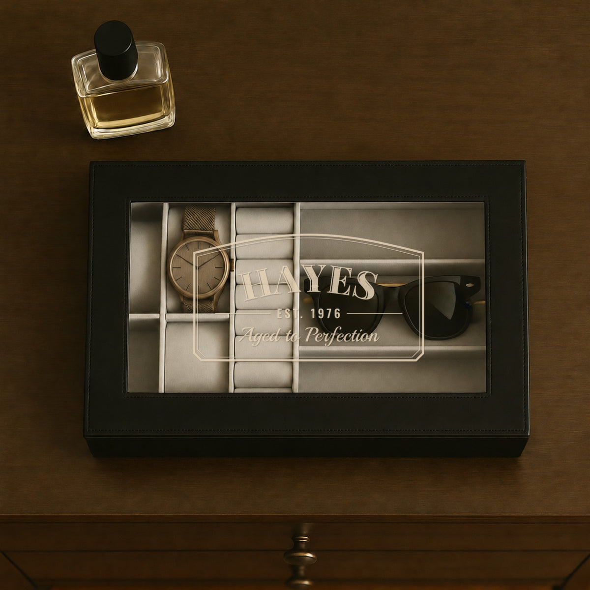 Milestone 50th birthday watch box with HAYES, EST. 1976 and Aged to Perfection etched on the glass window, a gift for a 50 year old man