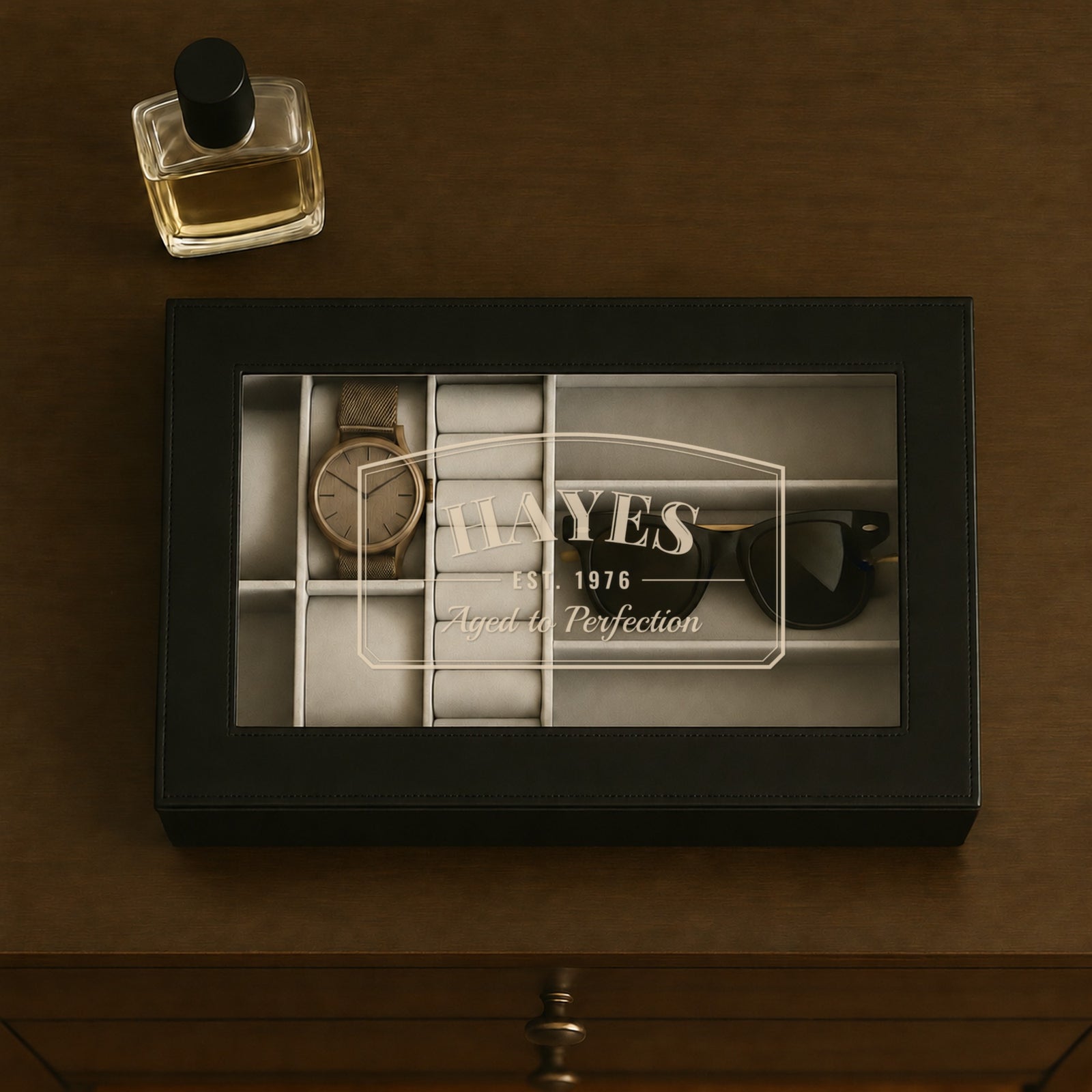 Milestone 50th birthday watch box with HAYES, EST. 1976 and Aged to Perfection etched on the glass window, a gift for a 50 year old man