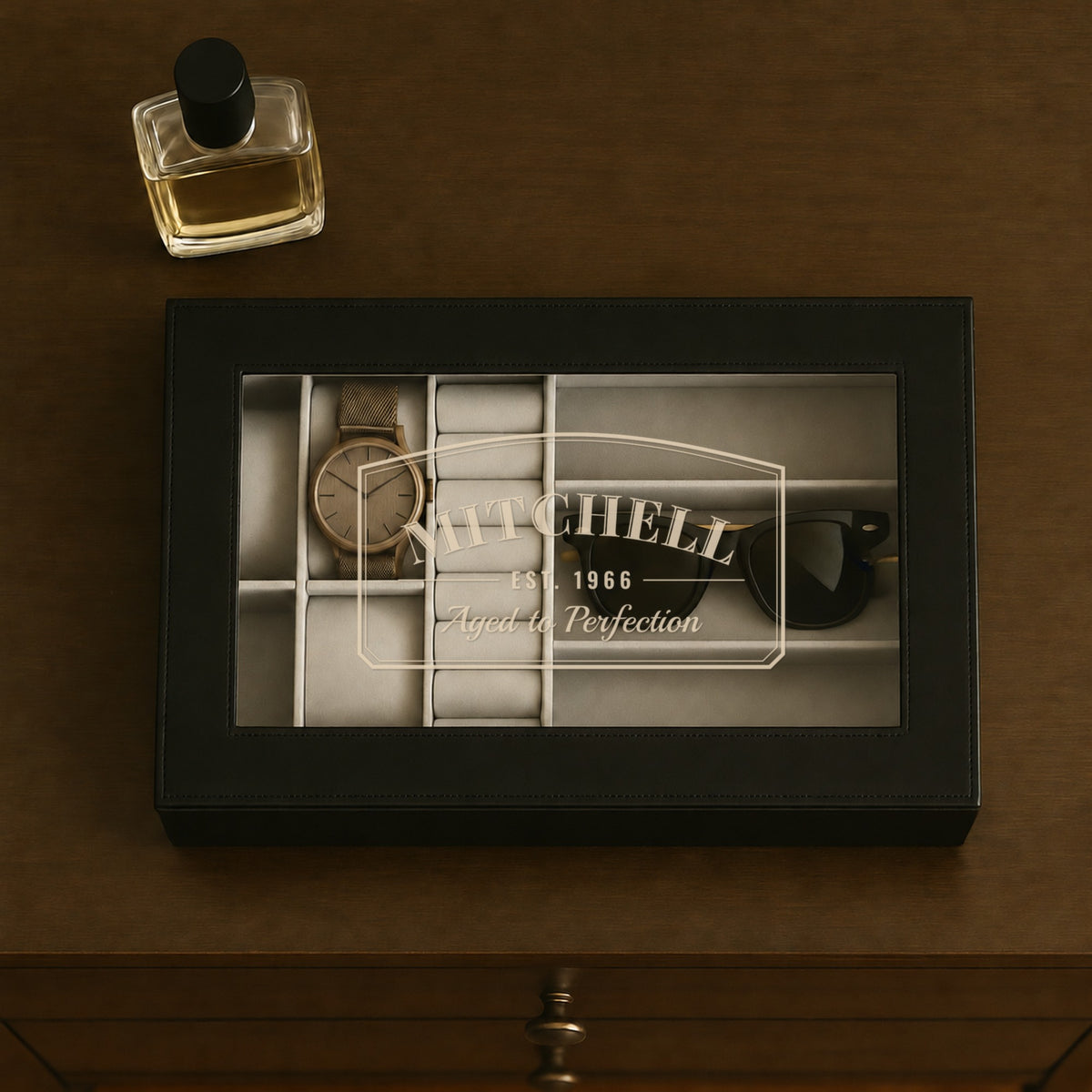 Milestone 60th birthday watch box with MITCHELL, EST. 1966 and Aged to Perfection etched on the glass window, a meaningful 60th birthday gift for him