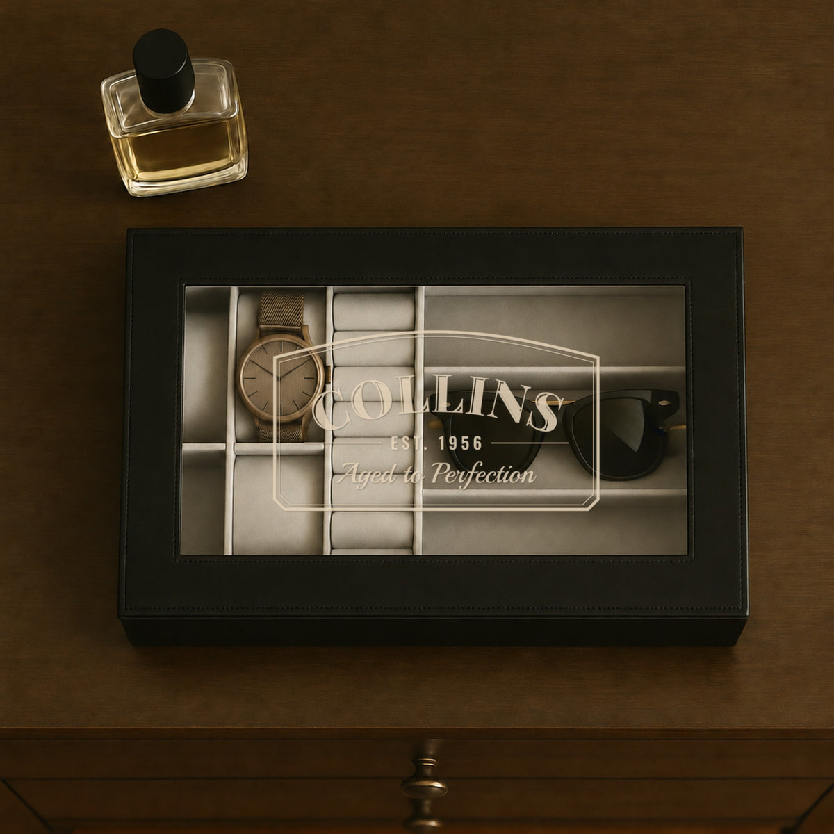 Vintage 70th birthday watch box with COLLINS, EST. 1956 and Aged to Perfection etched on the glass window, a classy gift for a 70 year old man