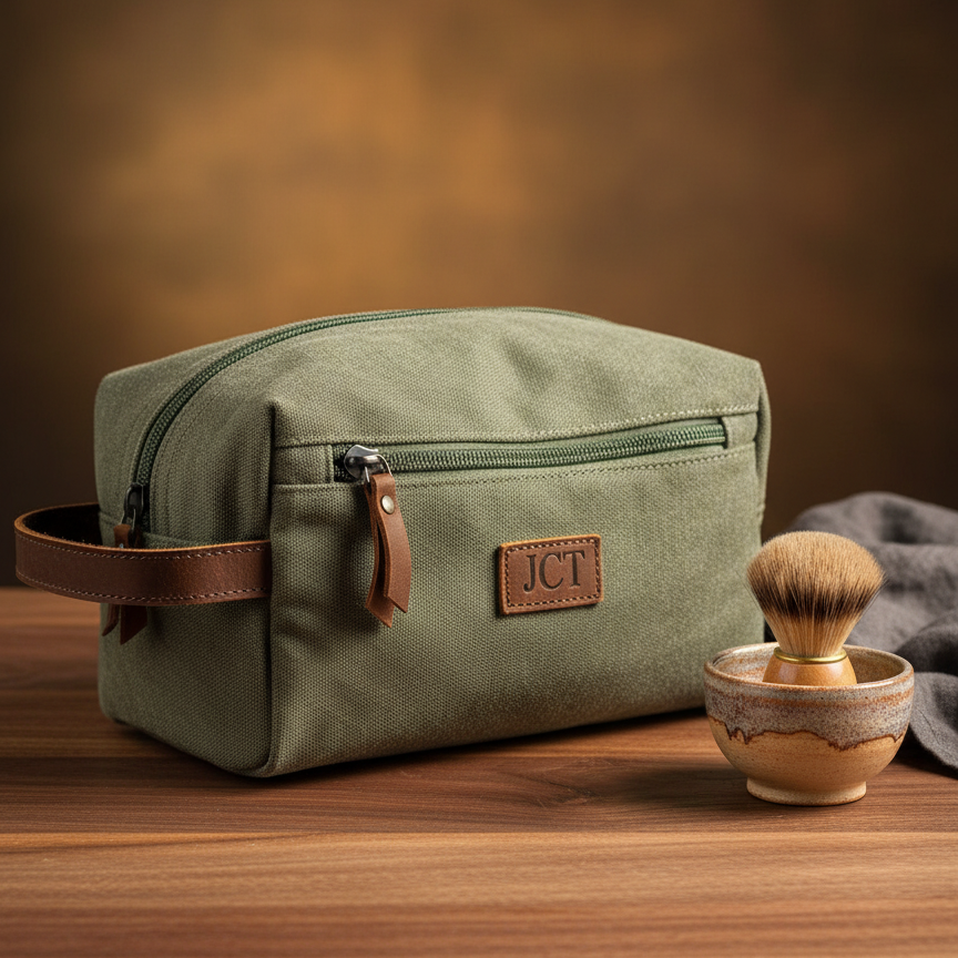 Sage canvas toiletry bag with brown leather handles and trim, displaying sample monogram "JCT" on front leather patch, positioned next to shaving brush and bowl