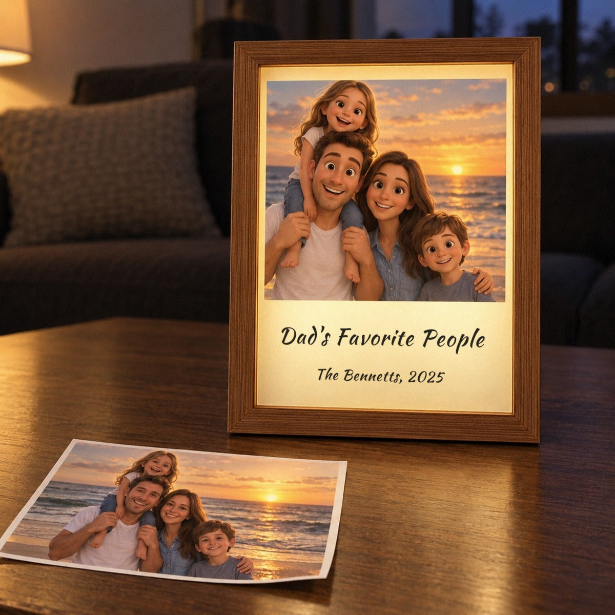 Beach family photo beside the lit cartoon picture frame showing the same family as a cartoon portrait, a gift for dad reading Dad's Favorite People