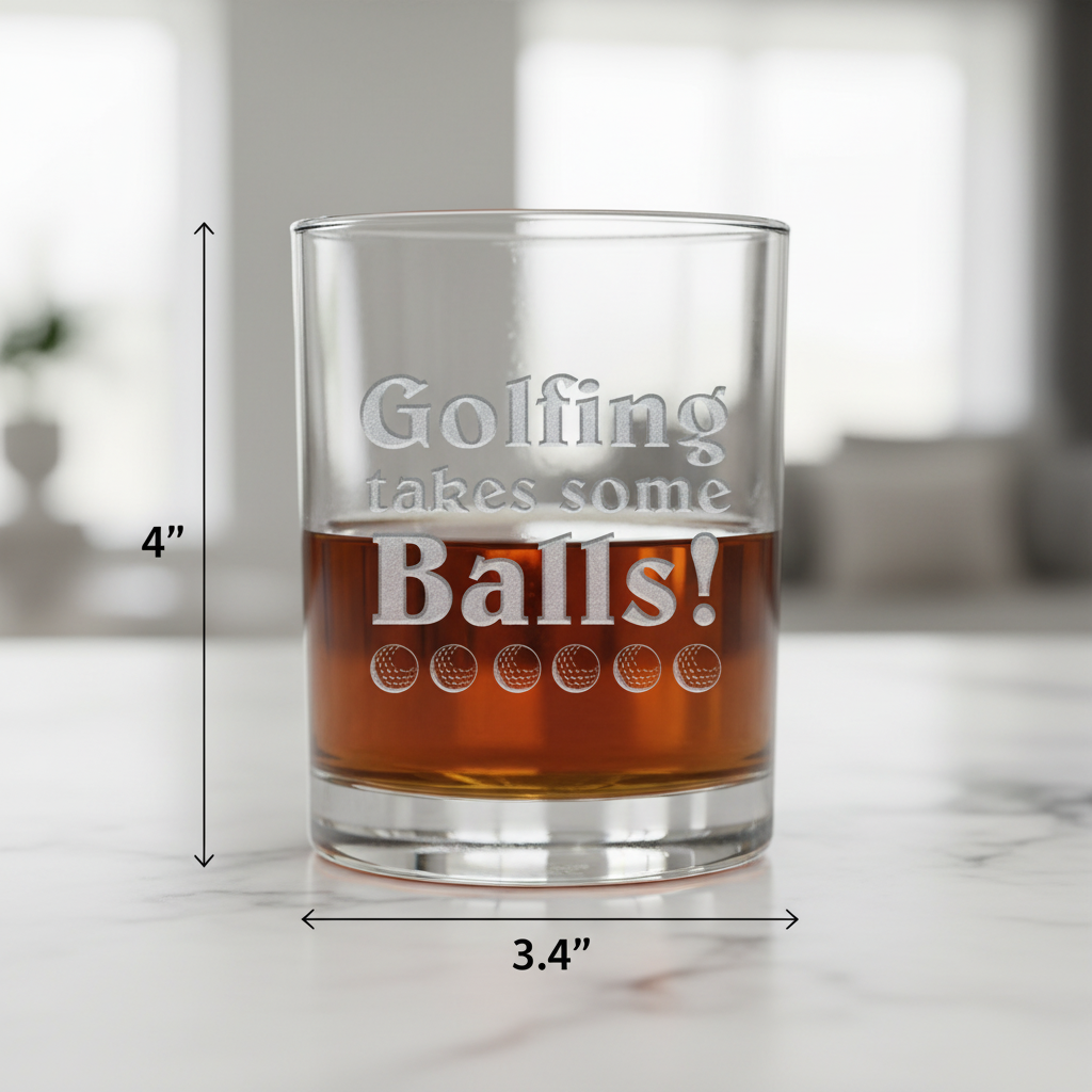 Takes Some Balls Whiskey Glass dimensions infographic showing 4 inches tall by 3.4 inches wide with 11 oz capacity