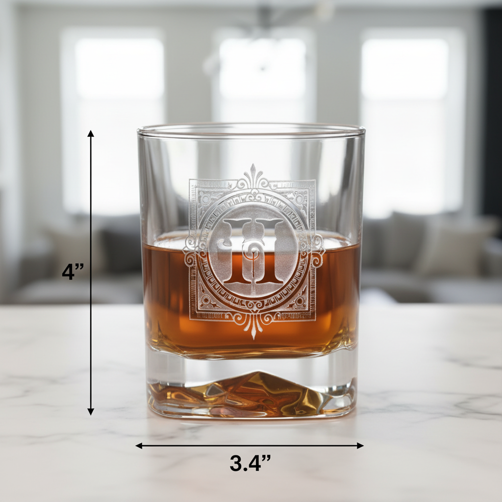 Mountain Sham Personalized Bourbon Glass dimensions infographic showing 4 inches tall by 3.4 inches wide with 11 oz capacity