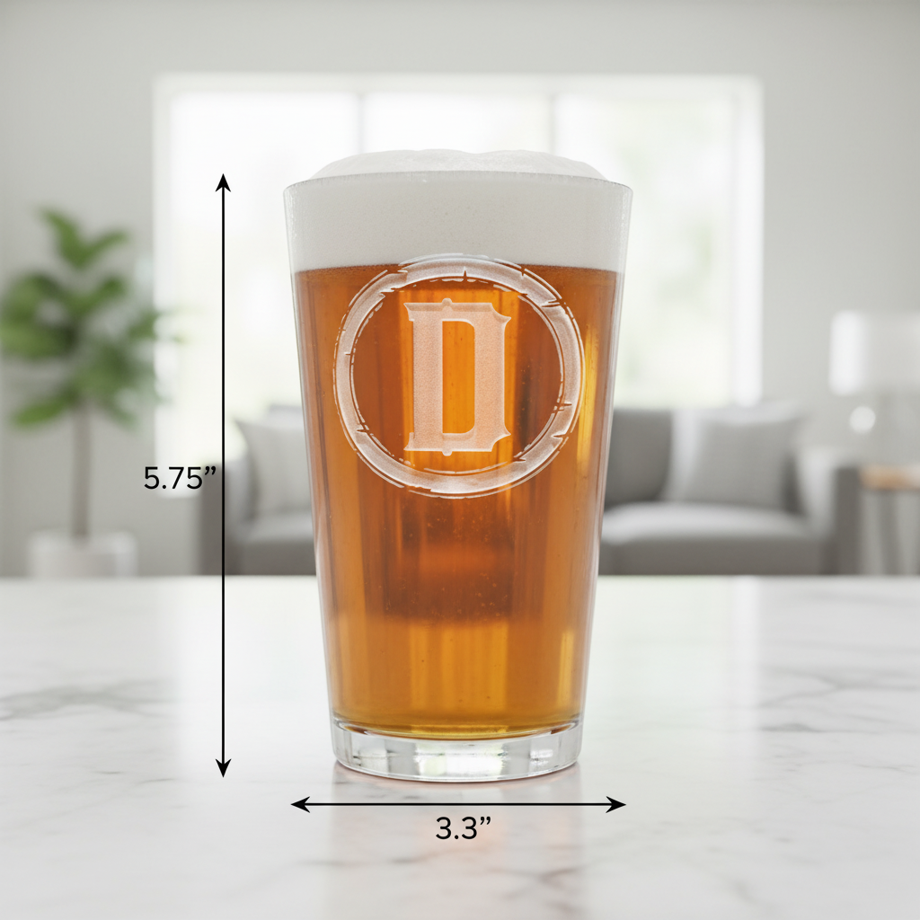 Perfect Circle Personalized Pint Glass dimensions infographic showing 5.75 inches tall by 3.3 inches wide with 16 oz capacity