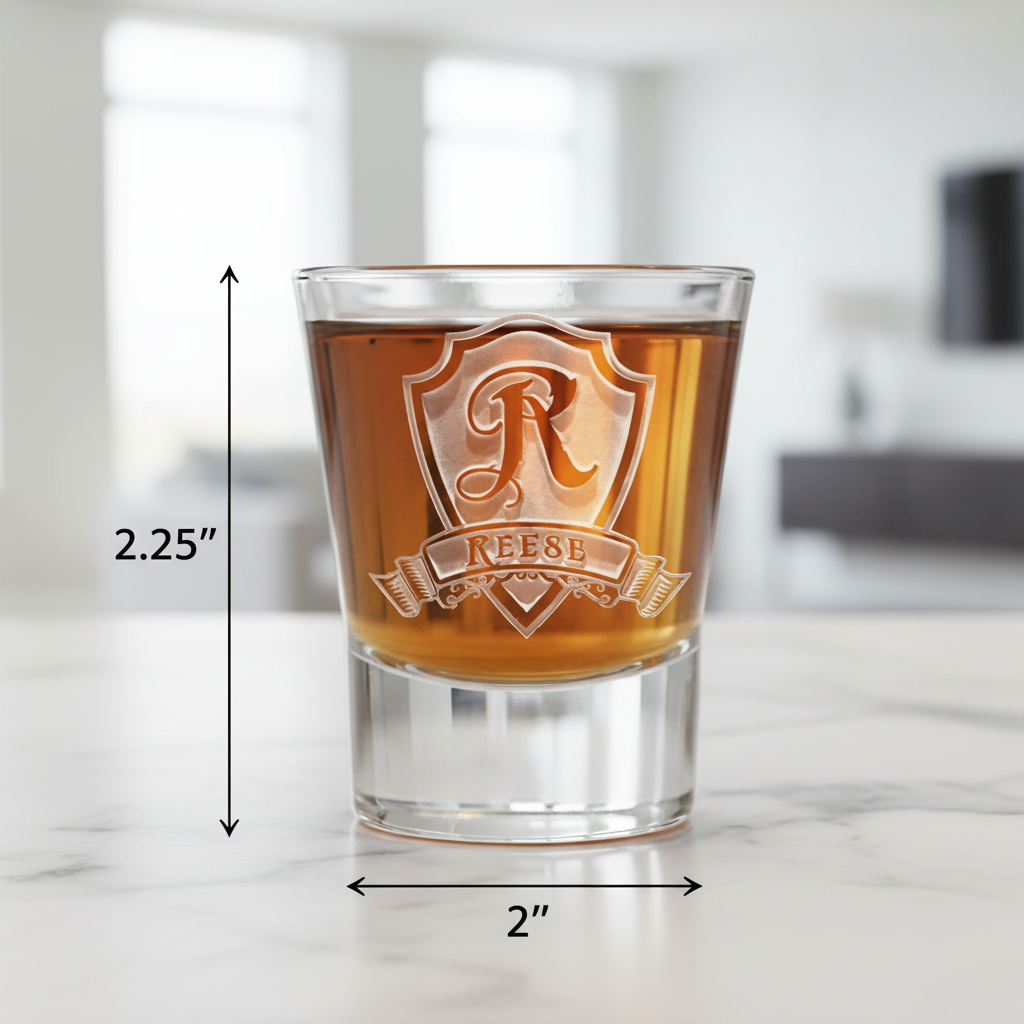 Shield Crest Personalized Shot Glass dimensions infographic showing 2.25 inches tall by 2 inches wide with 1.5 oz capacity