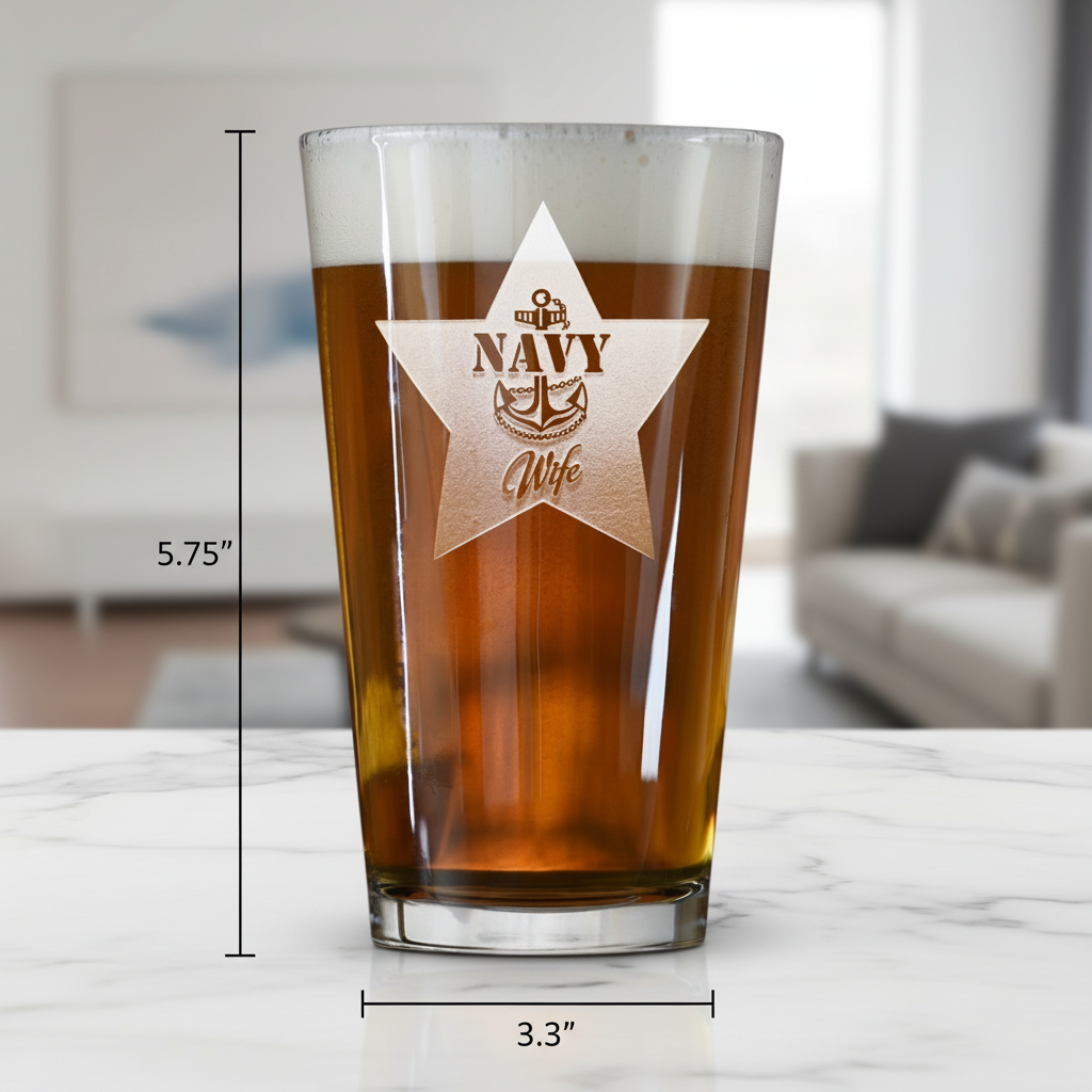 Sailor Spouse Navy Personalized Pint Glass dimensions infographic showing 5.75 inches tall by 3.3 inches wide with 16 oz capacity